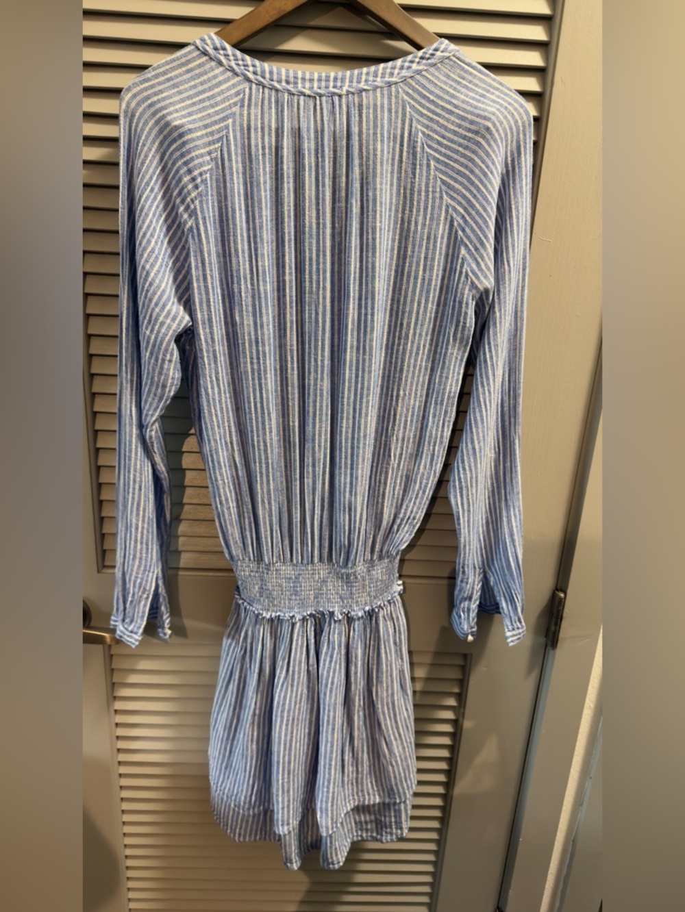 Rails Jasmine Linen Smocked Mini Dress Parisian Blue Stripe Size M Boho Tiered - Picture 6 of 6